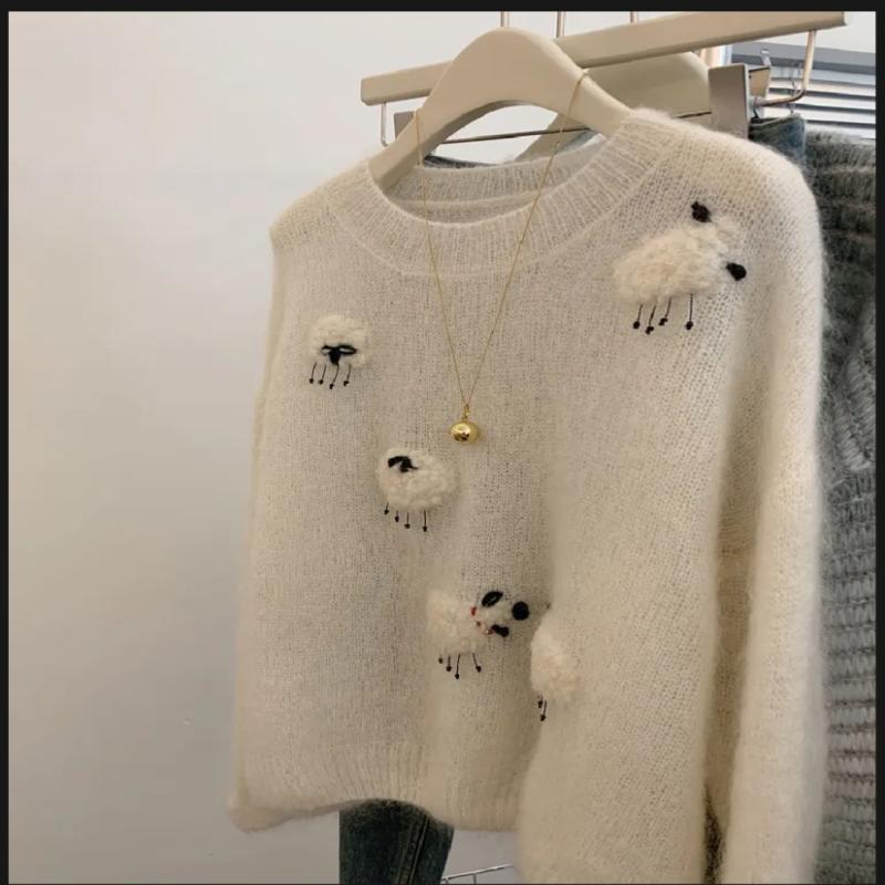 White Casual Sweater For Women 2025 New Long Sleeved O-Neck Warm Knit Pullovers Autumn Winter Korean Cute Animals Woolen Tops |